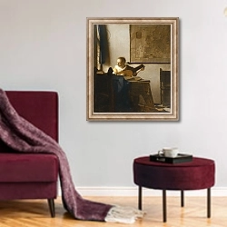 «Woman with a Lute, c.1662-1663» в интерьере гостиной в бордовых тонах