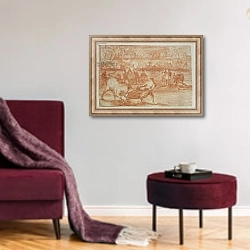 «Bullfighting, 1815-16» в интерьере гостиной в бордовых тонах