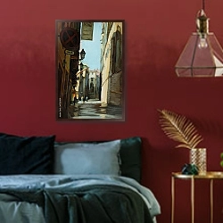 «Дождь в Готическом квартале Барселоны» в интерьере спальни с акцентной стеной