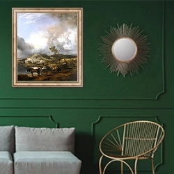 «На утиной охоте» в интерьере классической гостиной с зеленой стеной над диваном