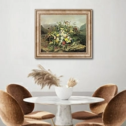 «Букет цветов на фоне горного пейзажа» в интерьере кухни над кофейным столиком
