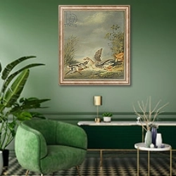 «Fox and Waterfowl» в интерьере гостиной в зеленых тонах