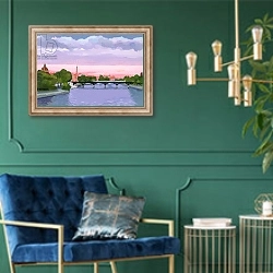 «Sunset in Paris, the Seine river» в интерьере в классическом стиле с зеленой стеной