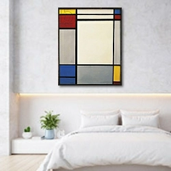 «Composition, 1931, by Piet Mondrian. Netherlands, 20th century.» в интерьере светлой минималистичной спальне над кроватью