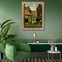 «Street Scene 3» в интерьере гостиной в зеленых тонах