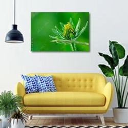 «Раскрывающаяся рудбекия на зеленом» в интерьере современной гостиной с желтым диваном