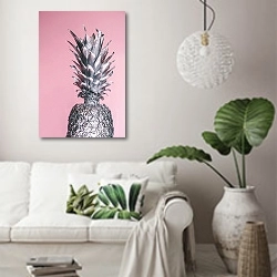 «Серебряный ананас на розовом фоне» в интерьере светлой гостиной в скандинавском стиле над диваном