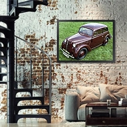 «Opel Kadett» в интерьере двухярусной гостиной в стиле лофт с кирпичной стеной