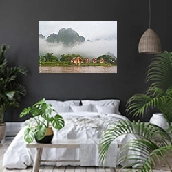 «Утро на реке, Лаос» в интерьере современной спальни с черными стенами