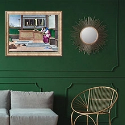 «Святой Жером вучении» в интерьере классической гостиной с зеленой стеной над диваном