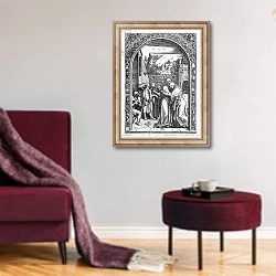 «The meeting of St. Anne and St. Joachim at the Golden Gate, 1504» в интерьере гостиной в бордовых тонах