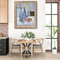 «Blue and Green Bottles and Oranges» в интерьере кухни с кирпичными стенами над столом