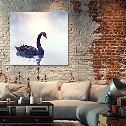 «красивый чёрный лебедь на воде» в интерьере гостиной в стиле лофт с кирпичной стеной
