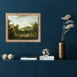 «Landscape with Farmworkers, c.1730-40» в интерьере в классическом стиле в синих тонах
