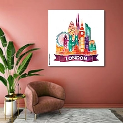 «Лондон, коллаж 2» в интерьере современной гостиной в розовых тонах