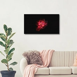 «Красный цветок с каплями росы» в интерьере современной светлой гостиной над диваном