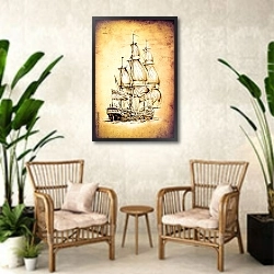 «Античный корабль» в интерьере комнаты в стиле ретро с плетеными креслами