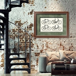«Модели велосипедов» в интерьере двухярусной гостиной в стиле лофт с кирпичной стеной