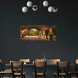 «Панорама винного погреба с бочками» в интерьере столовой с черными стенами