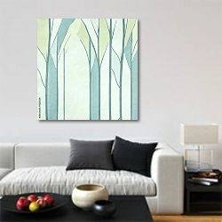 «Стволы деревьев в весеннем лесу» в интерьере гостиной в стиле минимализм в светлых тонах