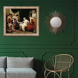 «Vendor of Love» в интерьере классической гостиной с зеленой стеной над диваном
