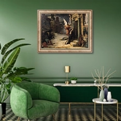 «The Plague in Rome, 1869» в интерьере гостиной в зеленых тонах