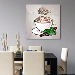 «Иллюстрация с белой чашкой кофе» в интерьере современной кухни над столом