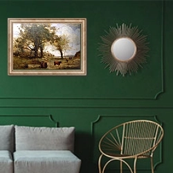 «Пейзаж 16» в интерьере классической гостиной с зеленой стеной над диваном