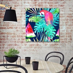 «Летний узор с акварельным попугаем, пальмовыми листьями и арбузом» в интерьере кухни в стиле лофт с кирпичной стеной