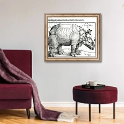 «The Rhinoceros, 1515» в интерьере гостиной в бордовых тонах