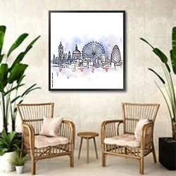 «Лондон, акварель» в интерьере комнаты в стиле ретро с плетеными креслами
