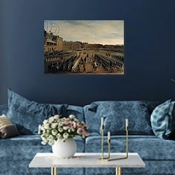 «Parade at the time of Emperor Paul I 1847» в интерьере современной гостиной в синем цвете