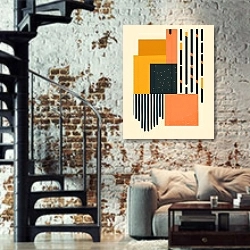 «Composition №33» в интерьере двухярусной гостиной в стиле лофт с кирпичной стеной