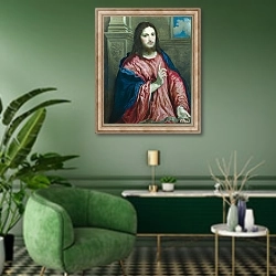 «Christ as 'The Light of the World'» в интерьере гостиной в зеленых тонах