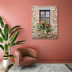 «Италия, Тоскана. Горный городок. Окно» в интерьере современной гостиной в розовых тонах
