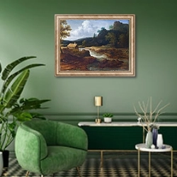 «Лесопилка у горного потока» в интерьере гостиной в зеленых тонах