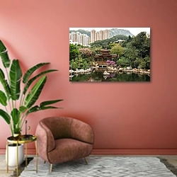 «Парк с прудом в Гонконге, Китай. 2» в интерьере современной гостиной в розовых тонах