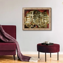 «Gallery with Views of Modern Rome, 1759» в интерьере гостиной в бордовых тонах