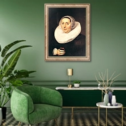 «Portrait of a Woman, 1665» в интерьере гостиной в зеленых тонах