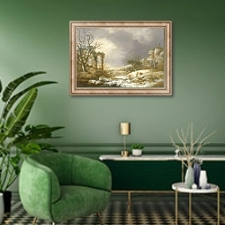 «Winter Landscape, c.1750-60» в интерьере гостиной в зеленых тонах