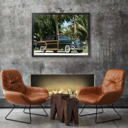 «Chrysler Town&Country Convertible '1949» в интерьере в стиле лофт с бетонной стеной над камином