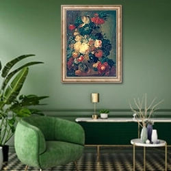 «Flowers in a Vase with a Bird's Nest» в интерьере гостиной в зеленых тонах