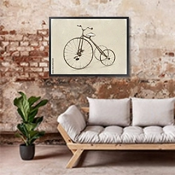 «Карандашный рисунок ретро-велосипеда» в интерьере гостиной в стиле лофт над диваном