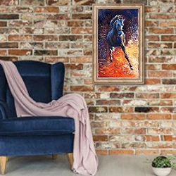 «Конь 2» в интерьере в стиле лофт с кирпичной стеной и синим креслом