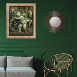 «Cupid with the Wheel of Fortune, c.1520» в интерьере классической гостиной с зеленой стеной над диваном