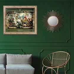 «The Triumph of the Church over Fury, Hatred and Discord, before 1628» в интерьере классической гостиной с зеленой стеной над диваном