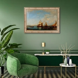 «Каяки и парусники на Босфоре» в интерьере гостиной в зеленых тонах
