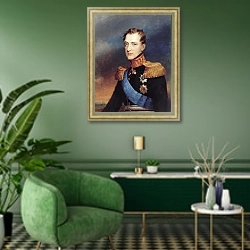 «Портрет великого князя Николая Павловича. 1820-е» в интерьере гостиной в зеленых тонах