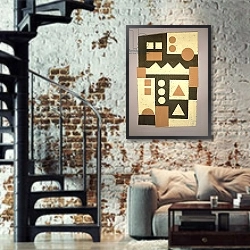 «Shield, 1998» в интерьере двухярусной гостиной в стиле лофт с кирпичной стеной
