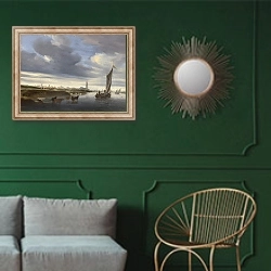 «Вид на Ренен с запада» в интерьере классической гостиной с зеленой стеной над диваном